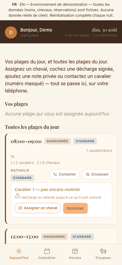 La vue mobile de l'équipe — aperçu de l'application, données d'exemple