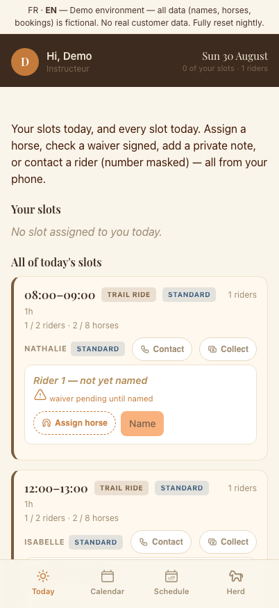 The guide’s phone view — staff app preview on sample data
